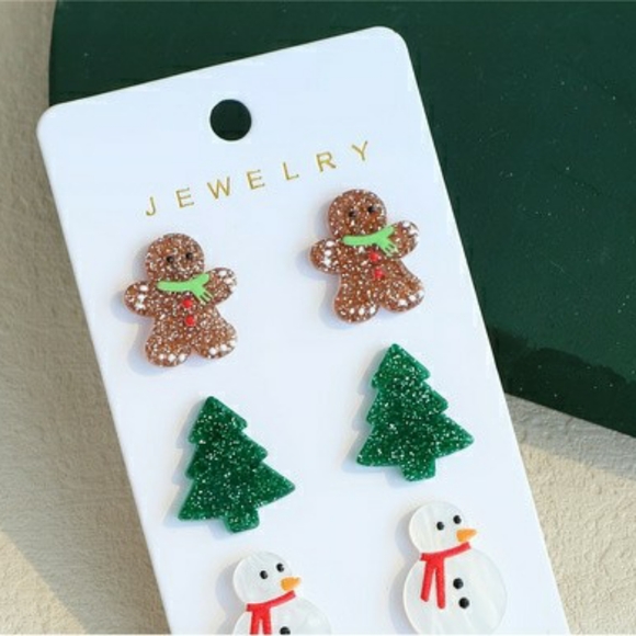 Gingerbread earrings 3 pair set Christmas Tree Snowman Holiday Jewelry NWT - Picture 5 of 8